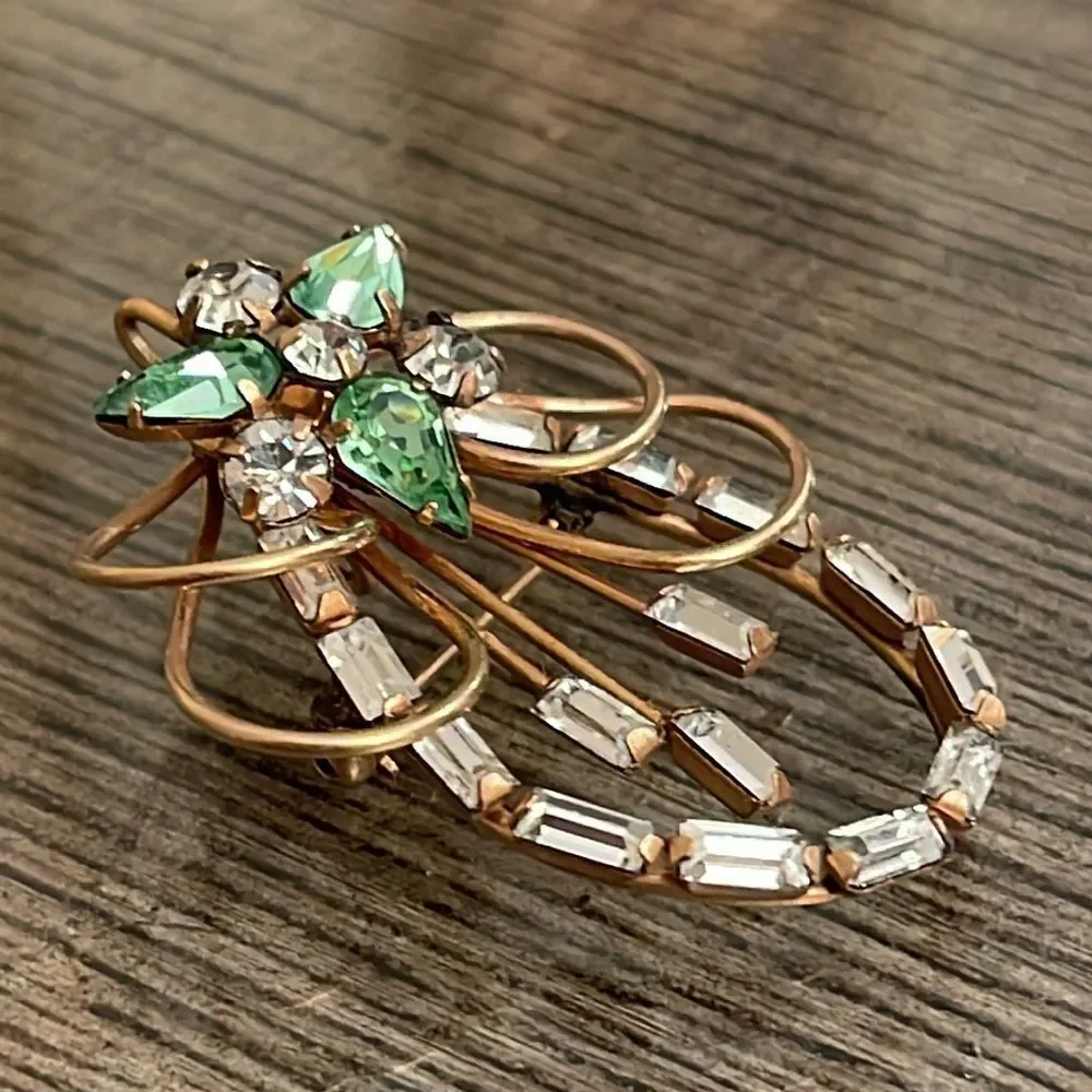 Vintage Ralph Scudieri D'ERI Signed 12K Gold Filled Crystal Brooch Clear & Green